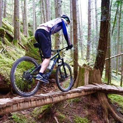 Young rider crossing a wooden skinny through the forest